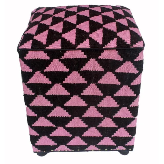 Shabby Chic Black/Pink Kilim Upholstered Handmade Ottoman For Sale - Image 4 of 8