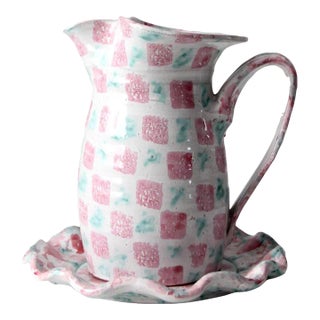 Vintage Heart Pattern Studio Pottery Pitcher and Plate For Sale