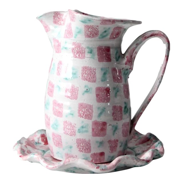 Vintage Heart Pattern Studio Pottery Pitcher and Plate For Sale