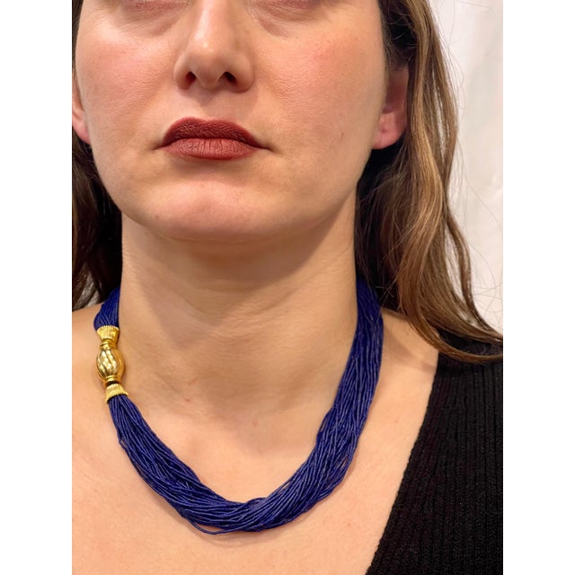 Certified Vintage Lapis Lazuli Multi Strand Necklace 14 Kt Yellow Gold Clasp For Sale - Image 10 of 18
