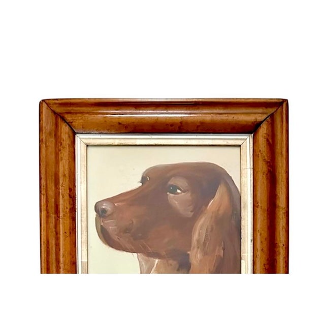English Vintage Framed Irish Setter Dog Portrait Painting in Antique Birdseye Maple Frame For Sale - Image 3 of 7