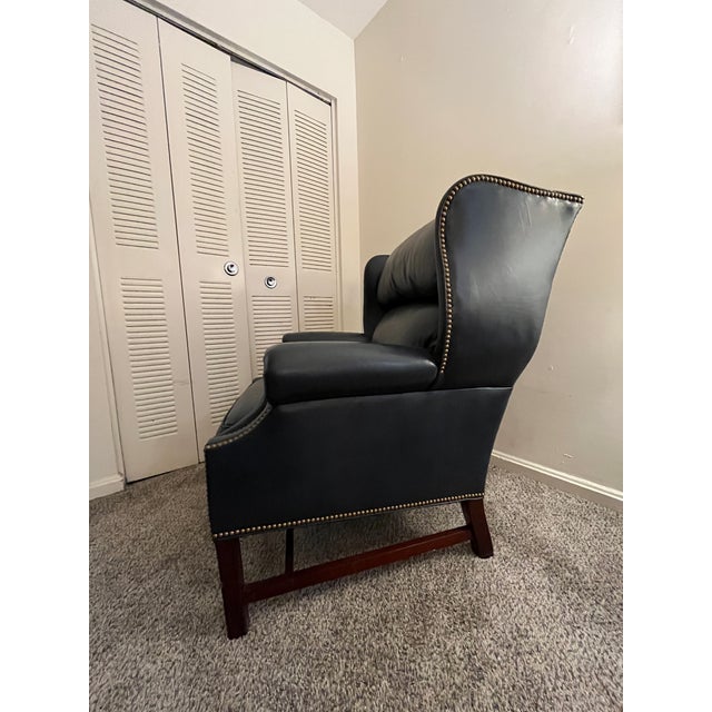 Late 20th Century Hancock & Moore Blue Royal Leather Wingback Chair With Ottoman For Sale - Image 5 of 9