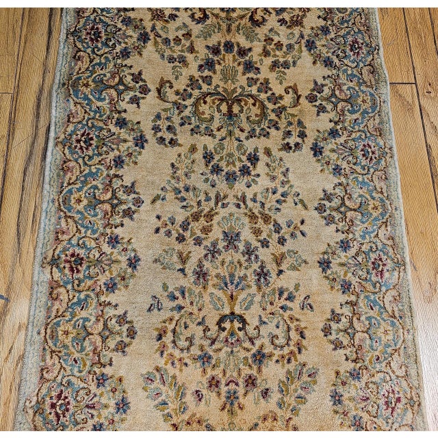 Persian Vintage Persian Kerman Runner Rug, Hand-Knotted Wool, Allover Floral Pattern, Ivory & Blue,3x12 For Sale - Image 3 of 10
