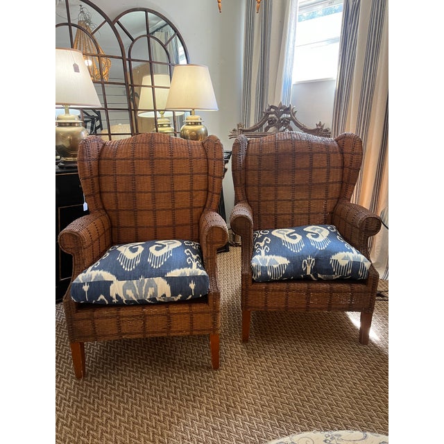 Large Palecek Rattan Chairs With Ikat Cushions a Pair Chairish