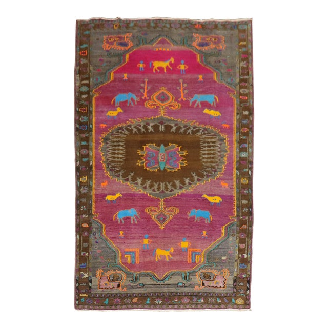 Mid 20th Century Whimsical Animal Human Figurative Turkish Rug - 7'9" x 13'8" For Sale