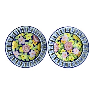 Vintage Regency Portuguese Floral Ceramic Plates - Set of 2 For Sale