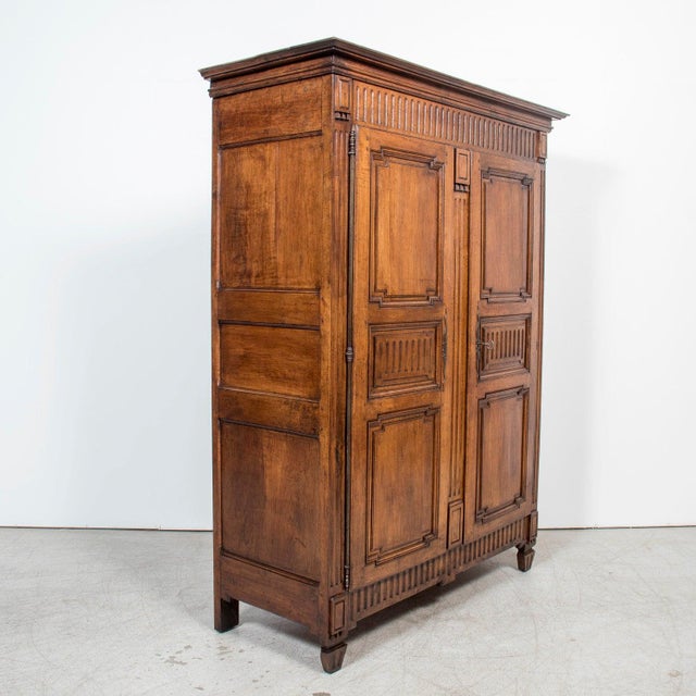 Rare 18th Century French Period Louis XVI Carved Walnut Armoire From Limoges For Sale - Image 4 of 17