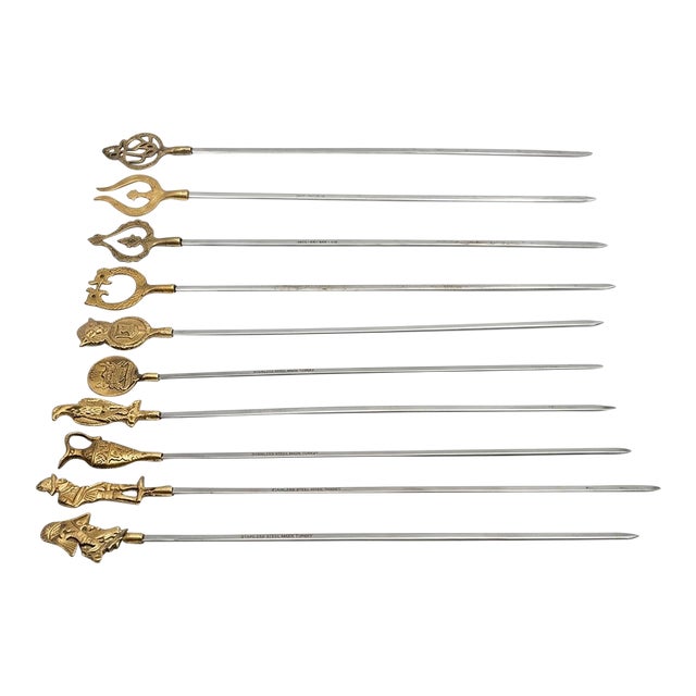Vintage Turkish Brass & Stainless Steel Shish Kebab Skewers - Set of 10 For Sale