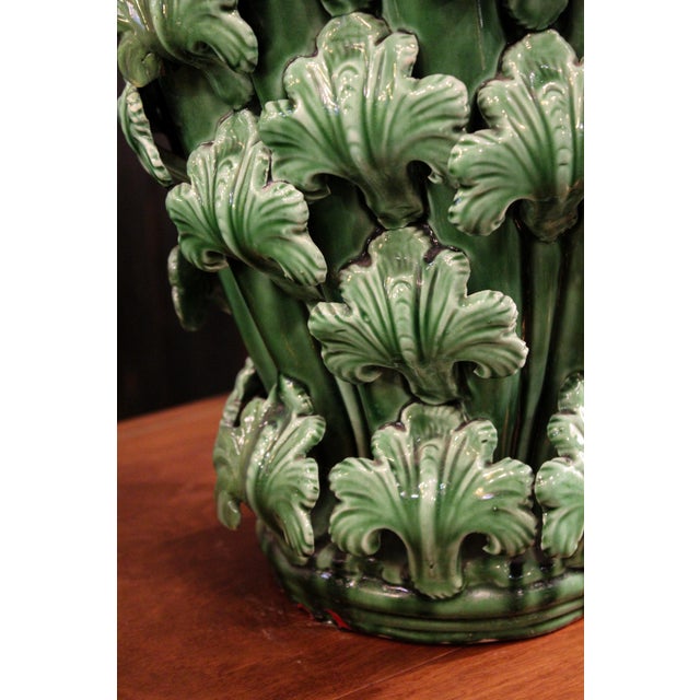 Ceramic Green Vase with Leaf Decoration from Manises, 1950s For Sale - Image 7 of 8