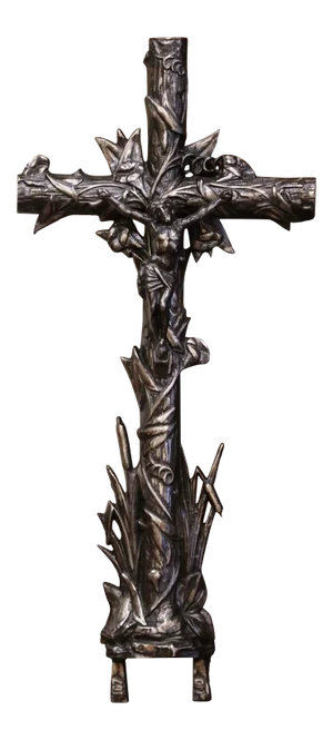 Mid-19th Century French Polished Iron Garden Crucifix Cross With Floral Motifs