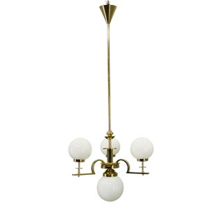 Vintage Art Deco Brass and Opaline Glass Globe Chandelier, Czechoslovakia, 1930s For Sale