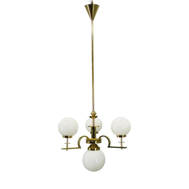 Vintage Art Deco Brass and Opaline Glass Globe Chandelier, Czechoslovakia, 1930s For Sale