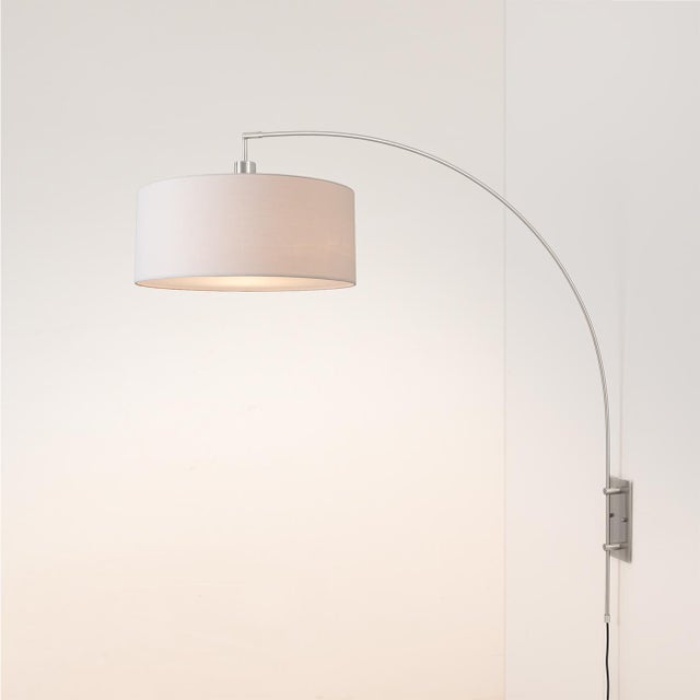 Nova Span Wall Mounted Arc Lamp, Satin Nickel Finish, White Fabric Drum Shade, Modern Design, Dimmable For Sale - Image 4 of 5