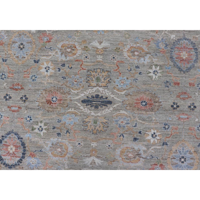 Modern Oushak Rug by Keivan Woven Arts, Muted Greens & Florals 9'0 X 12'4 For Sale - Image 10 of 15