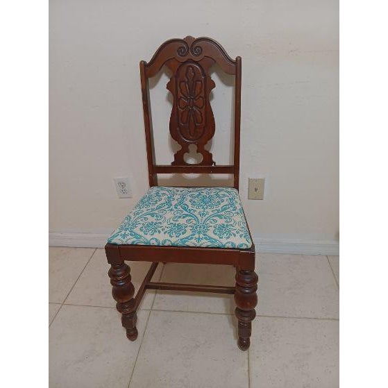 Antique Wood Dark Tone Dining Side Chair With Upholstered Seat For Sale - Image 4 of 10