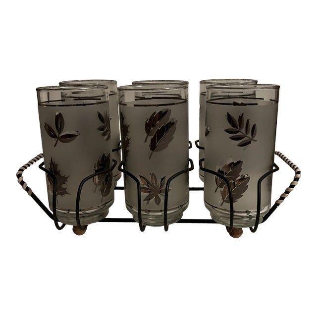 1970s Libbey Silver Foil Etched Leaf Design Mid Century Modern Glasses With Carrier- 7 Pieces For Sale