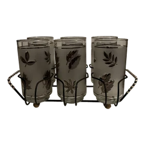 1970s Libbey Silver Foil Etched Leaf Design Mid Century Modern Glasses With Carrier- 7 Pieces