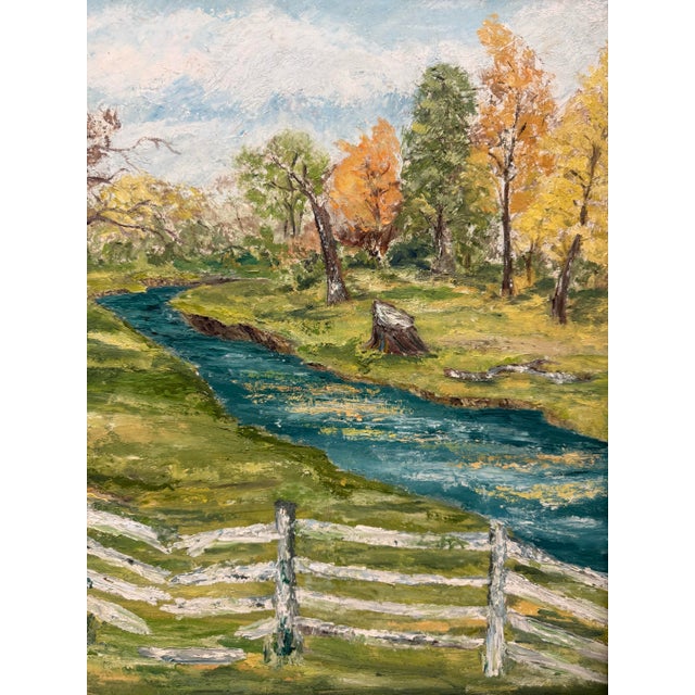 1970s 1970s Landscape Painting of River Beside a Tree & a White Broken Picket Fence, Signed Mary J. Kinderman For Sale - Image 5 of 10