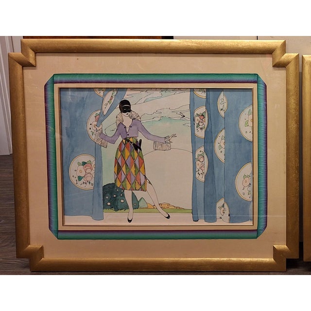 Pr. of Jay Spectre modern art deco mid century original waterolors housed in their original gold leaf frames has the Jay...