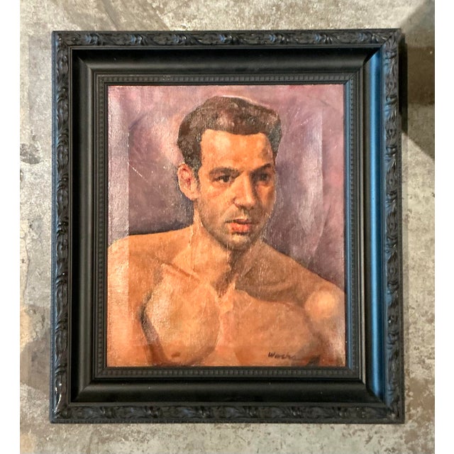 Brown Vintage Boho Original Oil Portrait of Man on Canvas For Sale - Image 8 of 8