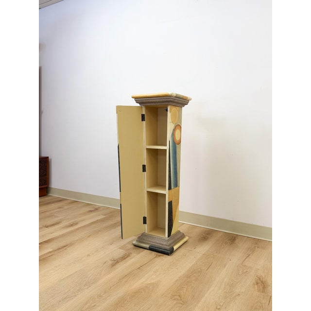 Beige Vintage Postmodern Art Deco Hand Painted Pedestal Hidden Storage Cubist Column For Sale - Image 8 of 9