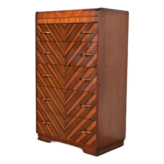 Donald Deskey Style Antique Art Deco Inlaid Walnut Waterfall Highboy Dresser or Chest of Drawers, Circa 1930s For Sale