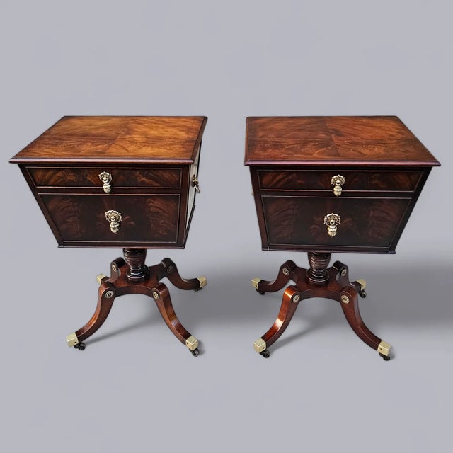 Antique Flame Mahogany Regency Style Teapoy-Shaped Side Table Cabinets - A Pair For Sale - Image 4 of 11