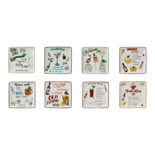 Stoneware Cocktail Plates WIth Drink Receipes - Set of 8 For Sale