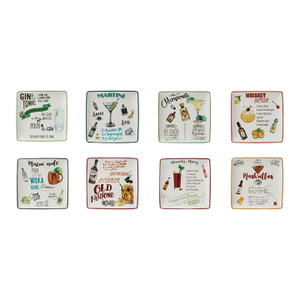 Stoneware Cocktail Plates WIth Drink Receipes - Set of 8