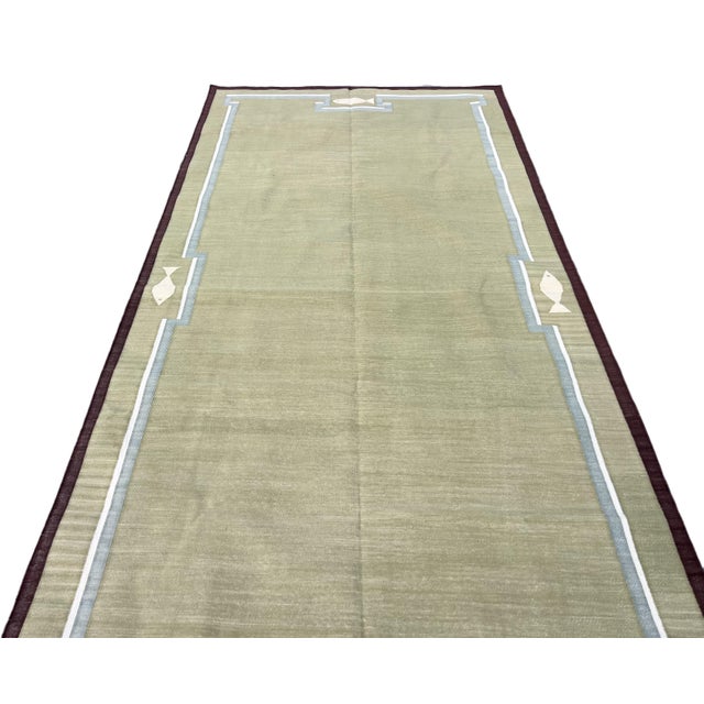 Olive Handmade Cotton Dhurrie Runner, Olive Green and Wine Border Fish Patterned Runner Rug- 4'x10' For Sale - Image 8 of 12