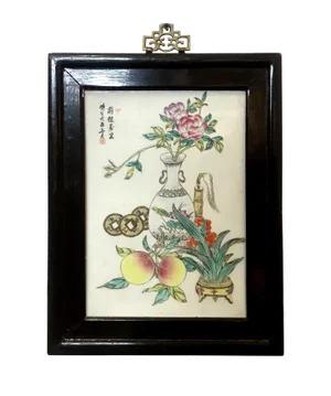 Vintage Chinese Hand-Painted Porcelain Plaque With Auspicious Symbols