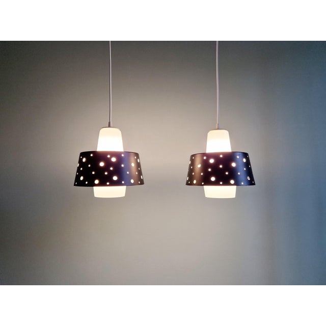 Vintage Scandinavian Pendant Lights in White Opaline and Black Lacquered Metal, 1960, Set of 2 For Sale - Image 16 of 17