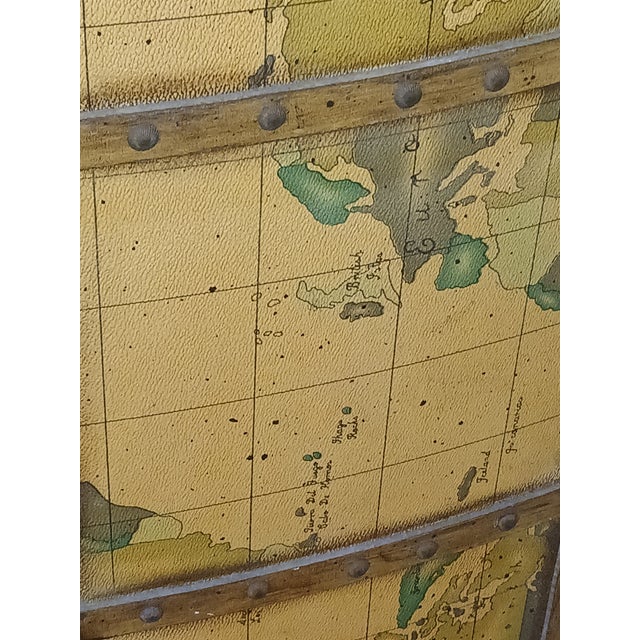 Wood 1950s Vintage Brass Marble Wood and Leather World Map Large Half Circle Dry Bar For Sale - Image 7 of 18