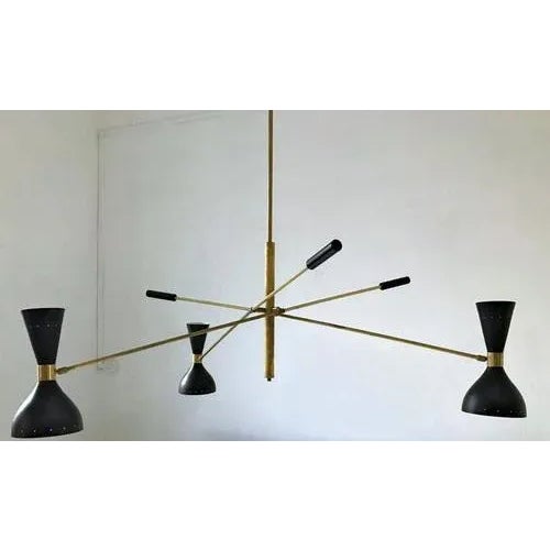 Black and Brass Adjustable Three-Arm Triennale Style Chandelier For Sale - Image 6 of 7