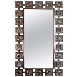Mid Century Modern Nickel Silver Wall Mirror With Textural Fleur De Lis Design, Restored For Sale