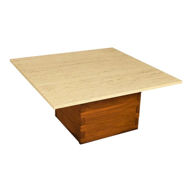 1970s Mid-Century Travertine Walnut Base Coffee Table For Sale
