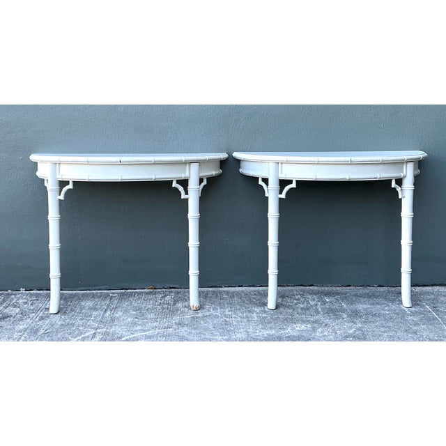 White Vintage Faux Bamboo Wall Mount Demilune Console Tables - A Pair For Sale - Image 8 of 12