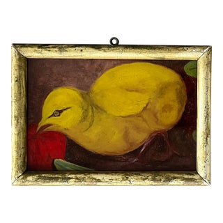 Antique American Folk Art Reverse Painting on Glass of a Baby Chick in Gilt Wood Frame For Sale