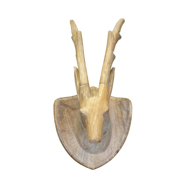 Late 20th century plain hardwood carved country / farmhouse / rustic deer / antleop head with slender four point antlers,...
