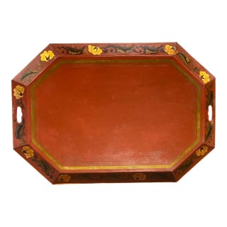 Very Large 32" Antique 19th Century English Regency Brick Red Tole Tray With Gilt Leaf Border Circa 1820 For Sale