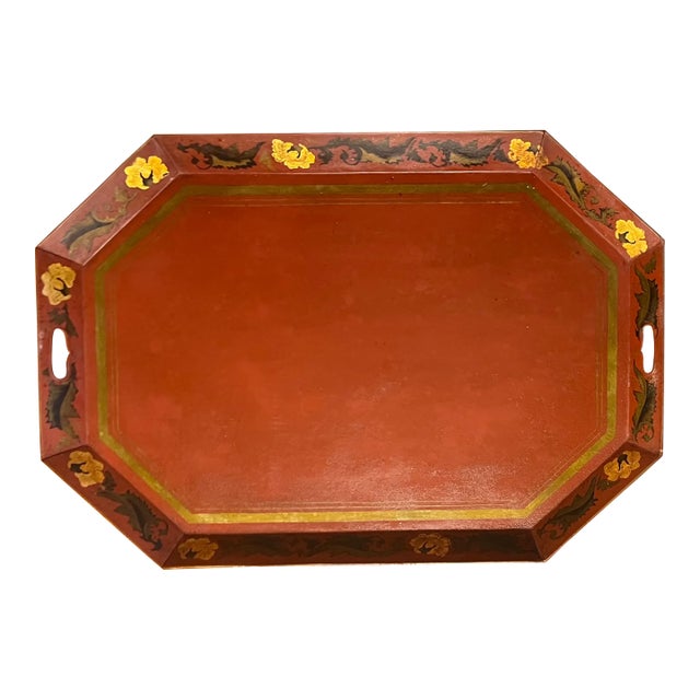 Very Large 32" Antique 19th Century English Regency Brick Red Tole Tray With Gilt Leaf Border Circa 1820 For Sale