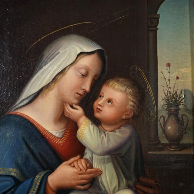 Religious Antique 19thc Portrait of Madonna & Child Oil Painting German School Religious Scene of Virgin Mary & Jesus For Sale - Image 3 of 11