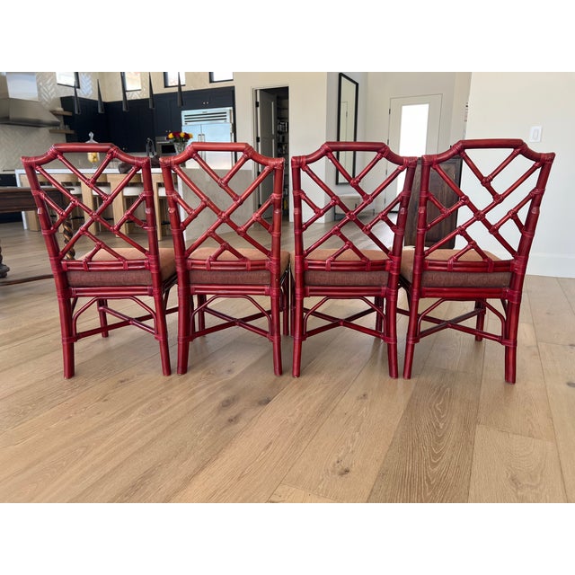 John-Richard 39" X 39" X 30"h Eur-03-0108 Leather Top Walnut Game Table (Mah Jongg) and 4 Red Palecek Bamboo Chippendale Style Dining Chairs For Sale - Image 9 of 10
