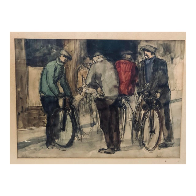 Andre Tondu. French 1903 - 1980. The Cyclist. Watercolor and Pen on Paper For Sale