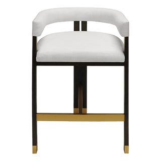 Matthew Izzo Home Cruise Espresso and White Linen Barrel Back Counter Stool With Brass Ferrele For Sale