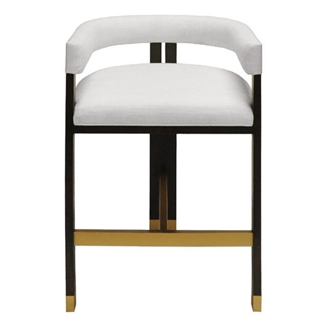 Matthew Izzo Home Cruise Espresso and White Linen Barrel Back Counter Stool With Brass Ferrele For Sale