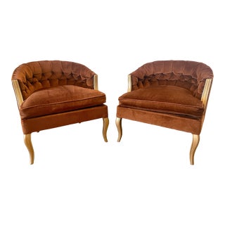 Vintage Hollywood Regency Tufted Rust Velvet Club Barrel Chairs-- a Pair For Sale