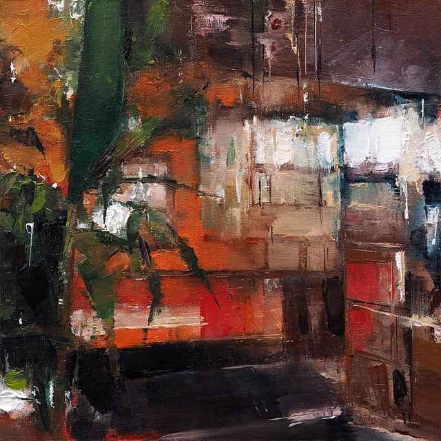 Cafe Uf in Vigo, Spain II by Heiko Mattausch | Oil Painting of an abstract interior scene For Sale