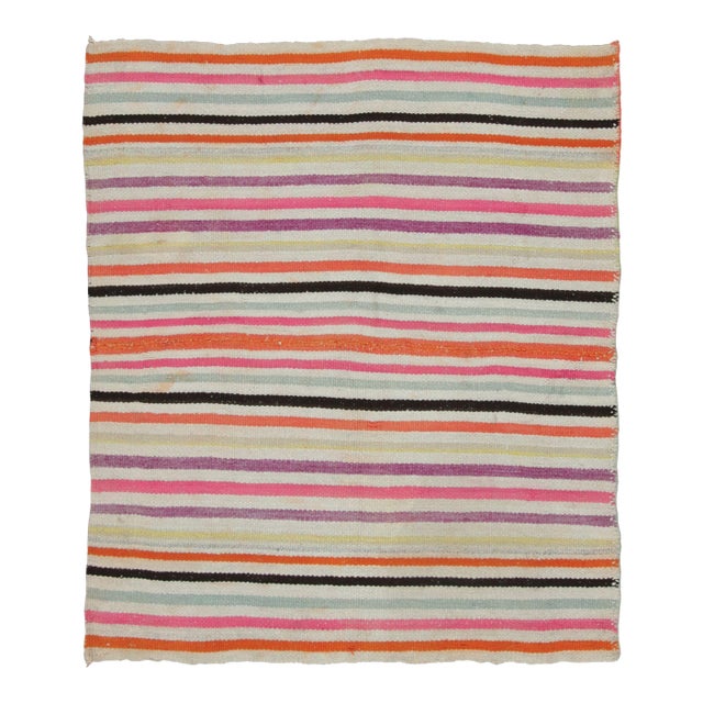 Vintage Peruvian Square Kilim, Polychromatic Pastel Striped Design - Rug & Kilim For Sale