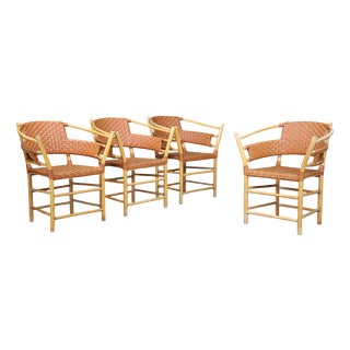 Danish Bamboo and Woven Cognac Leather Armchairs, 1970s, Set of 4 For Sale
